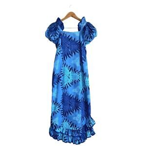 Vintage Carol Bennett Hawiian Blue Floral Maxi Dress Small